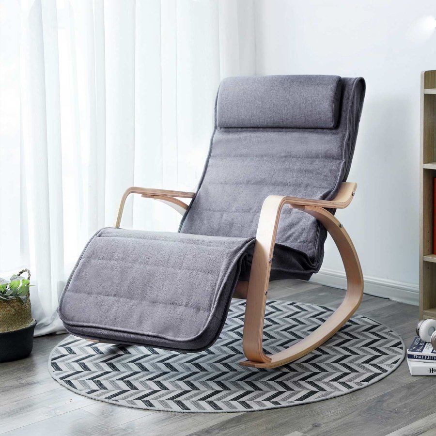 SONGMICS gyngestol, m. arml�n, justerbar fodst�tte i 5 pos. - gr� kunsth�r stof og natur birketr�