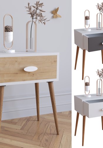 VCM NORDIC Singol L Nachttisch, m. 1 Schublade - Weiß, Natur, Anthrazitgrau Holz (44,5x30)