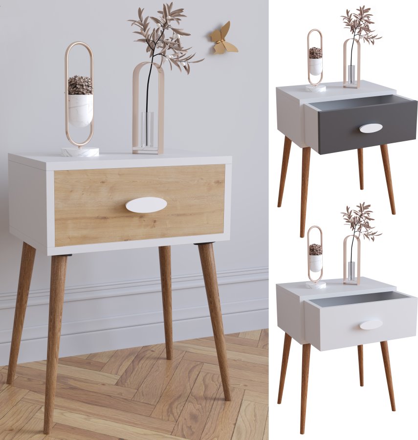 VCM NORDIC Singol L Nachttisch, m. 1 Schublade - Weiß, Natur, Anthrazitgrau Holz (44,5x30)