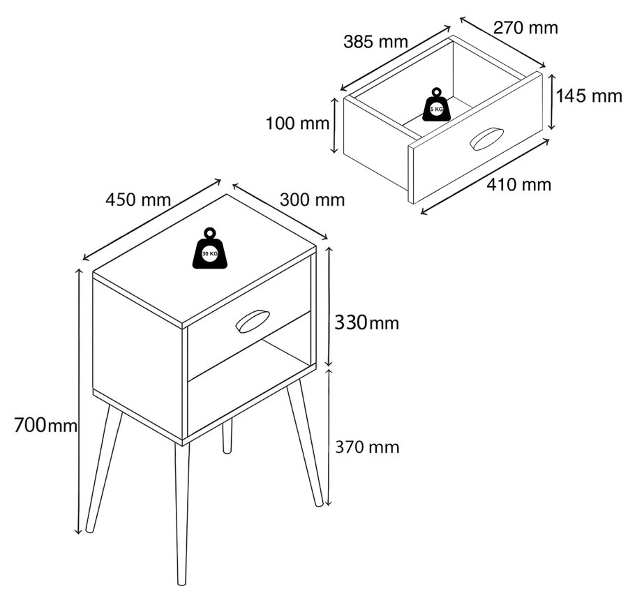VCM NORDIC Singol XL Nachttisch, mit 1 Fach und 1 Schublade - Weiß/Naturholz (45x30)