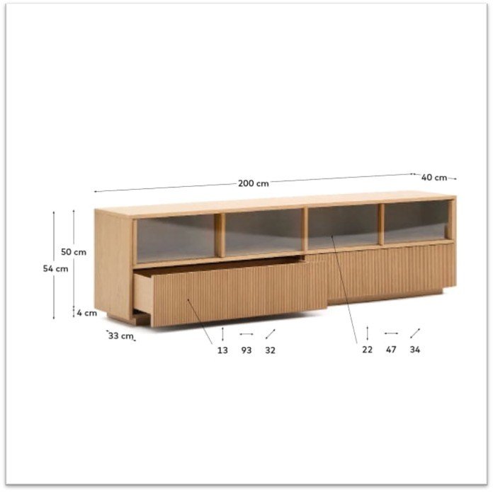 KAVE HOME Helvine skjenk, m. 4 skyved�rer og 2 skuffer - herdet glass og naturlig eikefiner