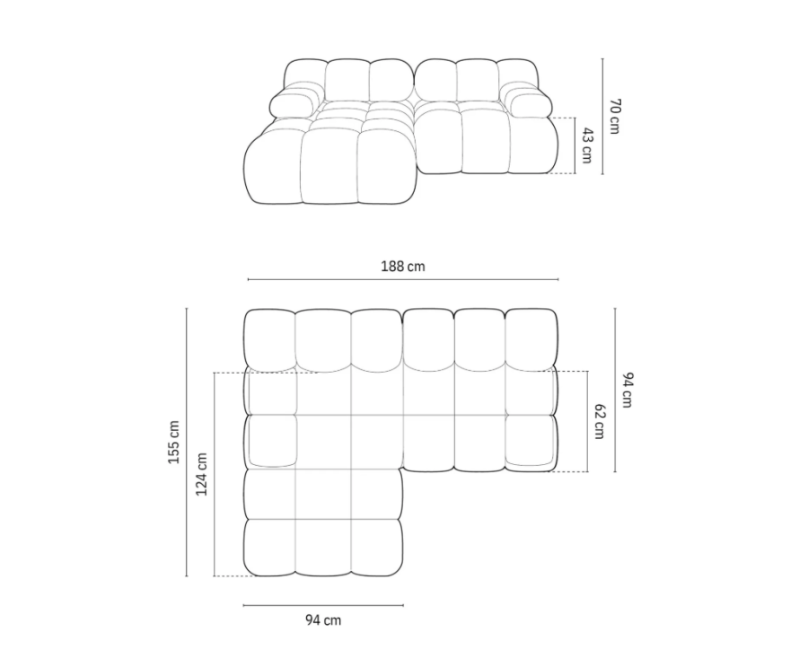 MICADONI Bellis hjrnesofa, venstre, 3 seter - bl flyel og sort plast