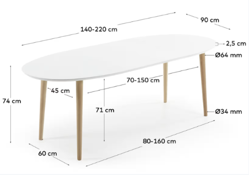 KAVE HOME oval Oakland spisebord, m. udtr�k - hvid MDF og natur b�getr� (140(220)x90) 