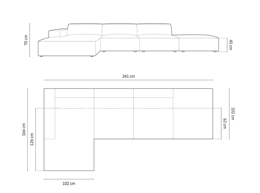 MICADONI Jodie hjrnesofa, venstre, 5 seter - antrasittgr stoff og sort plast