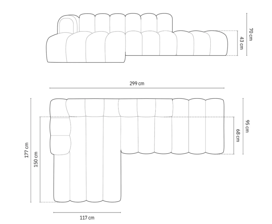 MICADONI Lupin Modulr pen hjrnesofa, venstre, 5 seter - bl flyel og sort plast