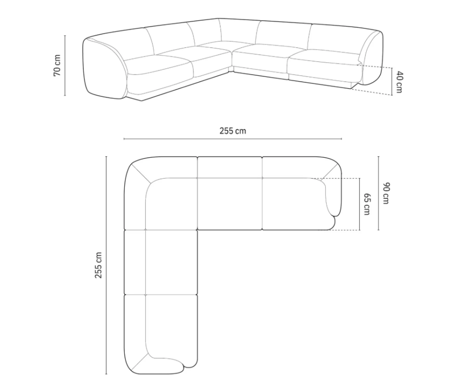 MICADONI Miley Symmetrisk hjrnesofa, 5 seter - gr flyel og sort plast