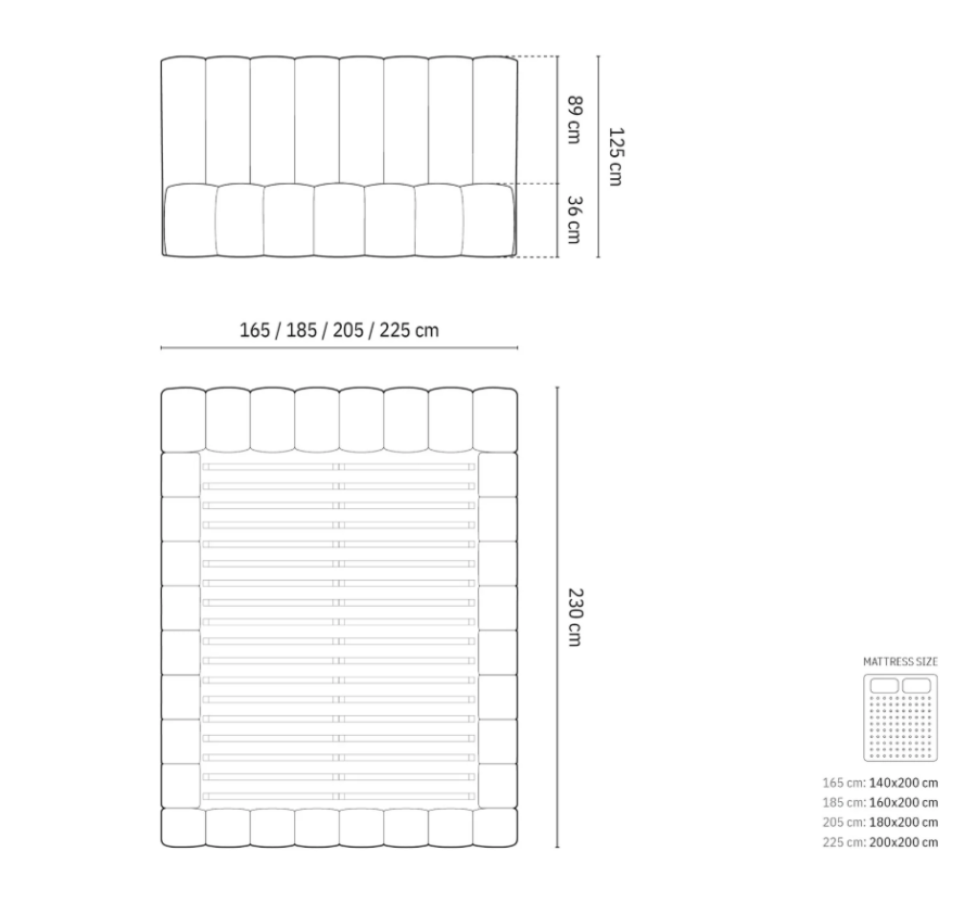 MICADONI Kelp sengeramme, med sengegavl og lameller - gr flyel og svart plast (200x200)