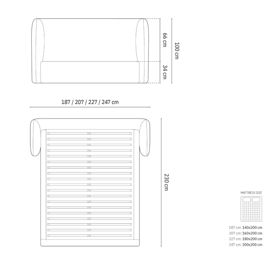 MICADONI Miley sengeramme, med sengegavl og lameller - svart chenille (140x200)