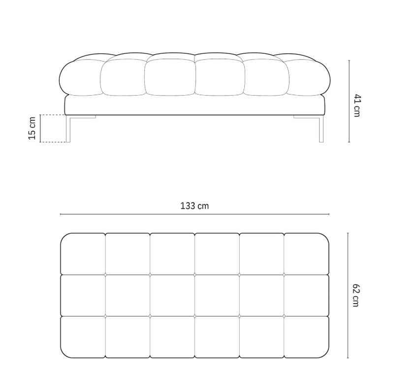 MICADONI Mamaia benk,, 2 seter, rektangulr - bltt stoff og svart metall (62x133x41)