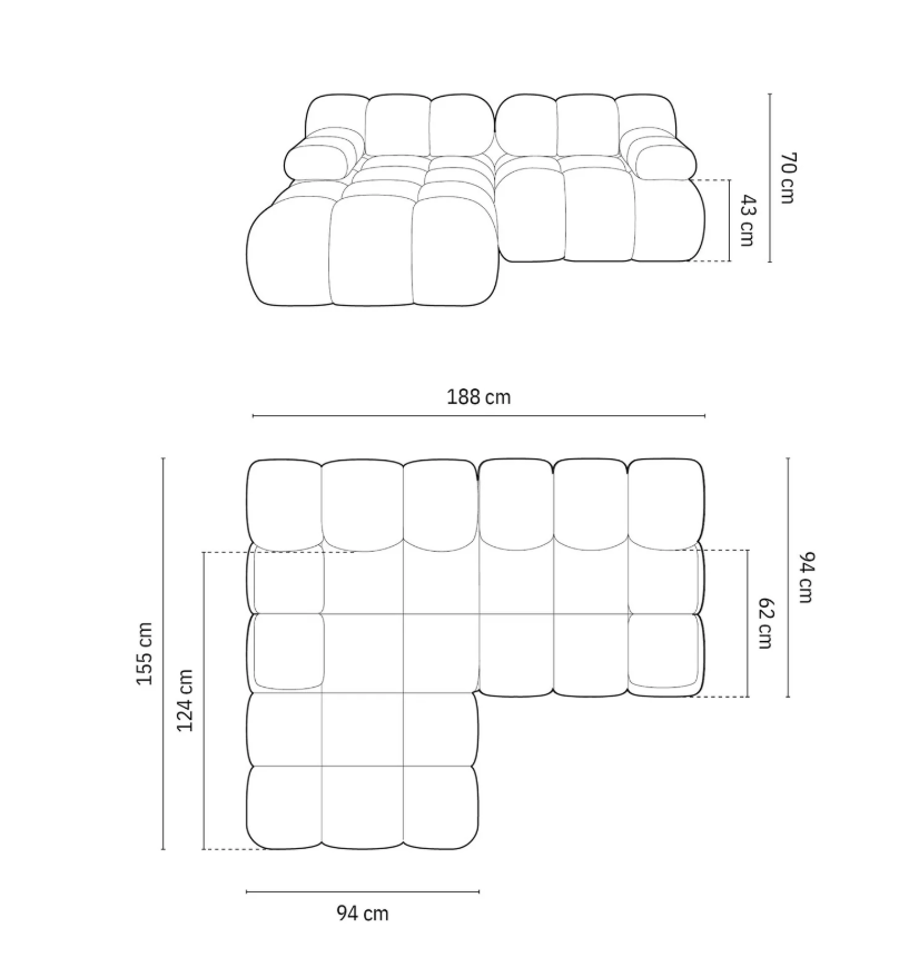 MICADONI Bellis Modular Panoramic hjrnesofa, venstre, 7 seter - bl flyel og sort plast