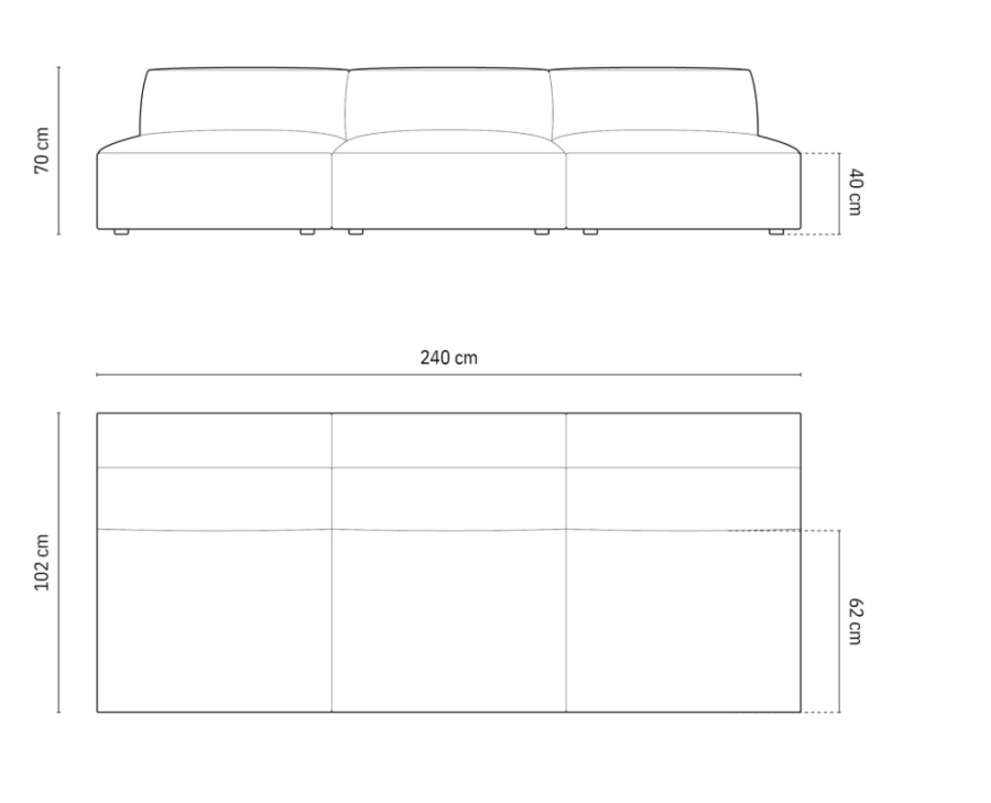 MICADONI Jodie sofa, 3 seter - grtt stoff og sort plast
