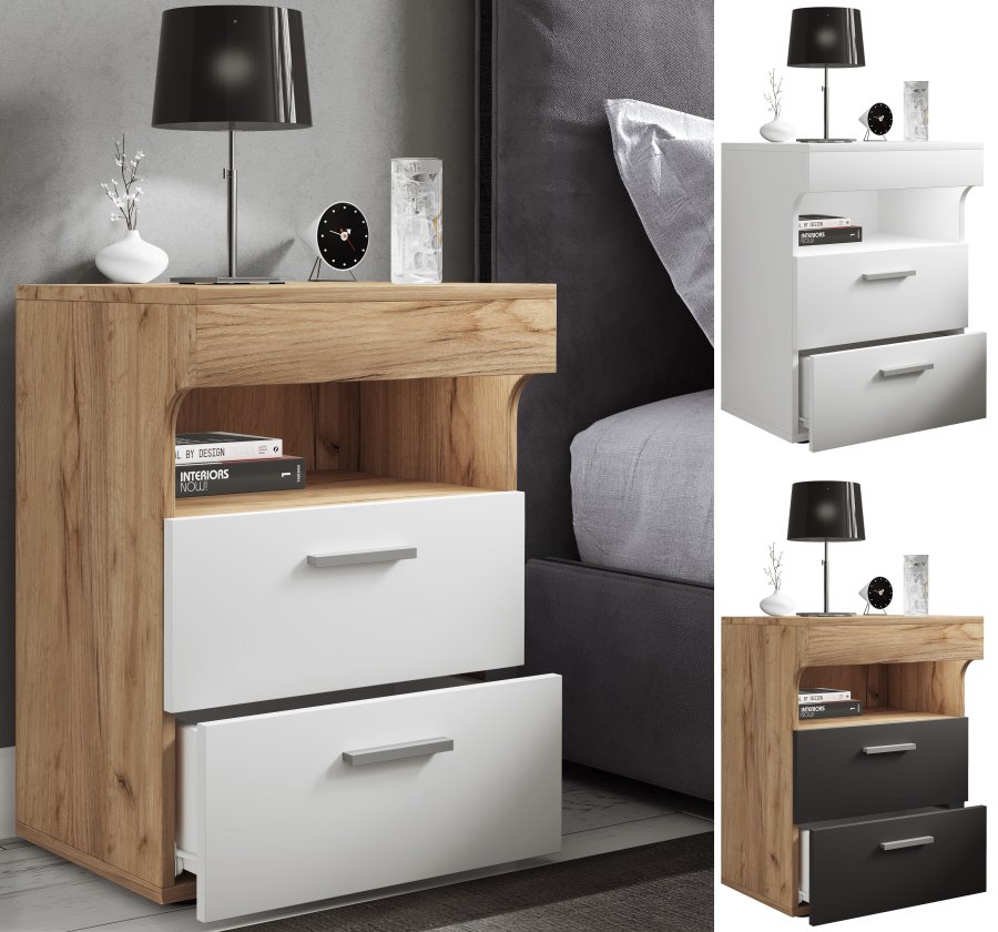 VCM NORDIC Slepal L Nachttisch, m. 1 Fach, 2 Schubladen - Weiß und Naturholz (45x39)