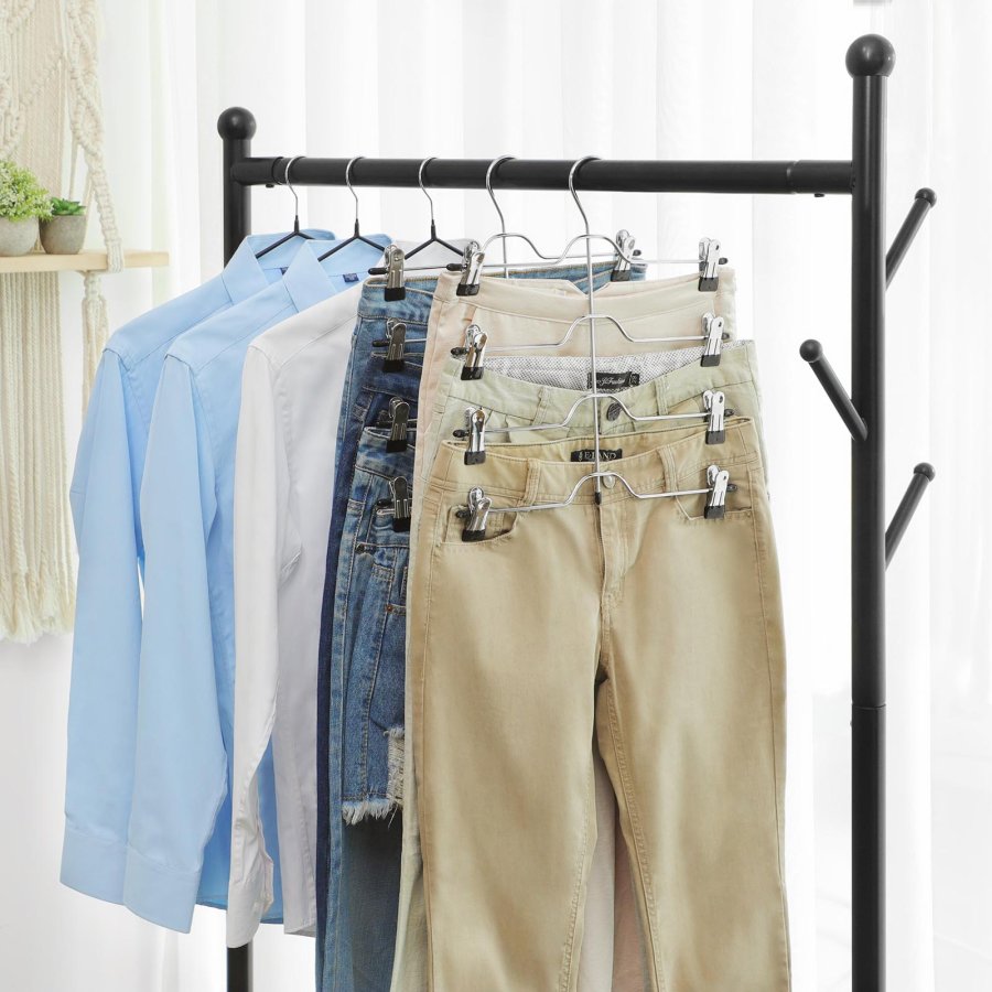 SONGMICS buksesk�rtb�jler med klemmer, s�t med 3 pladsbesparende 4-lags metalbukseb�jler, med 8 justerbare skridsikre klemmer, til bukser, jeans, h�ndkl�der, shorts, 32 cm, s�lv og sort CRI042BK