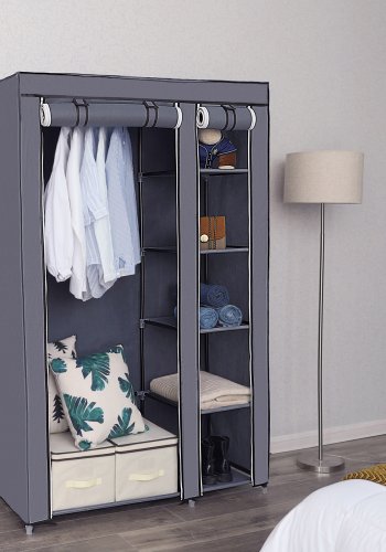 SONGMICS LSF007 garderobeskab, m. 1 b�jlestang, 6 hylder, b�rbar, sammenklappelig - gr� stof og st�l