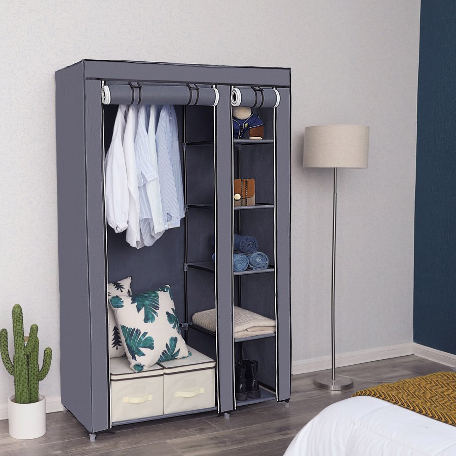 SONGMICS B�rbar Garderobe, Sammenklappelig Skab, T�jopbevaringsorganisator med B�jleskinne, Hylder, Stofbetr�k, Til Sovev�relse, Garderobe, 110 x 45 x 175 cm, Gr� LSF007G