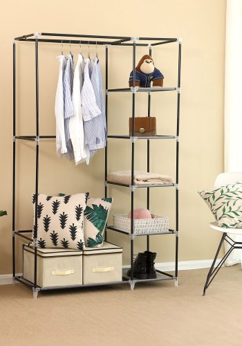 SONGMICS B�rbar Garderobe, Sammenklappelig Skab, T�jopbevaringsorganisator med B�jleskinne, Hylder, Stofbetr�k, Til Sovev�relse, Garderobe, 110 x 45 x 175 cm, Gr� LSF007G