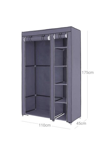SONGMICS B�rbar Garderobe, Sammenklappelig Skab, T�jopbevaringsorganisator med B�jleskinne, Hylder, Stofbetr�k, Til Sovev�relse, Garderobe, 110 x 45 x 175 cm, Gr� LSF007G