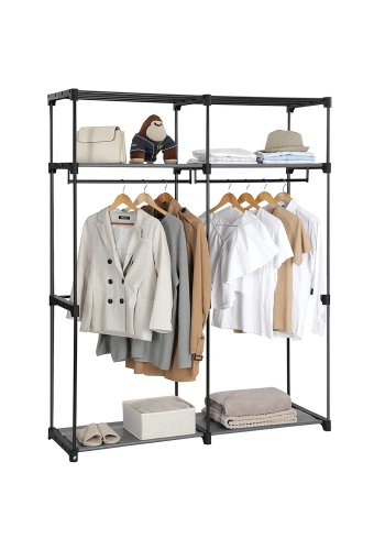 SONGMICS RYG02GY garderobeskab, m. 2 b�jlest�nger, 4 hylder, sammenklappelig, b�rbar - gr� stof og st�l