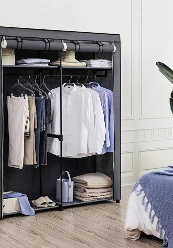 SONGMICS RYG02GY garderobeskab, m. 2 b�jlest�nger, 4 hylder, sammenklappelig, b�rbar - gr� stof og st�l