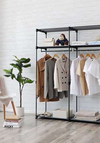 SONGMICS Garderobe, T�jopbevaringsgarderobe til sovev�relse med 2 t�jstativer, B�rbar stofgarderobe, Sammenklappelig, T�jstativ, til skab, 43 x 140 x 174 cm, Gr� RYG02GY
