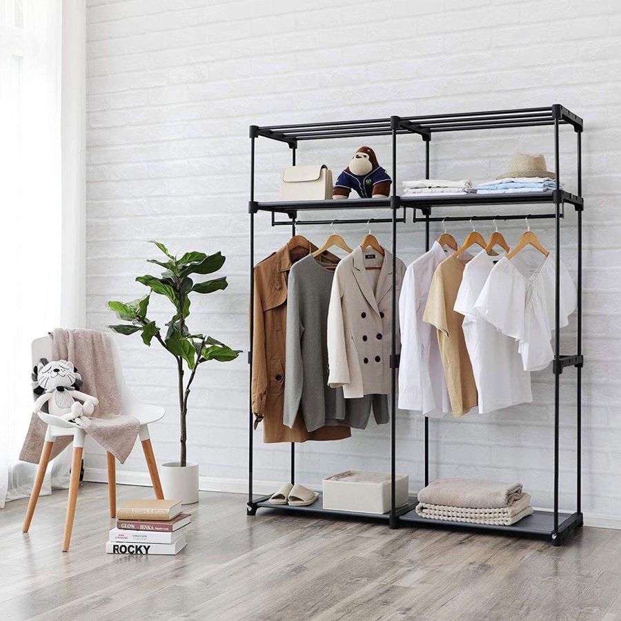 SONGMICS Garderobe, T�jopbevaringsgarderobe til sovev�relse med 2 t�jstativer, B�rbar stofgarderobe, Sammenklappelig, T�jstativ, til skab, 43 x 140 x 174 cm, Gr� RYG02GY