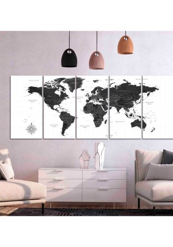 ARTGEIST stort verdenskort i sort og hvid - Black and White Map, 5-delt - flere st�rrelser