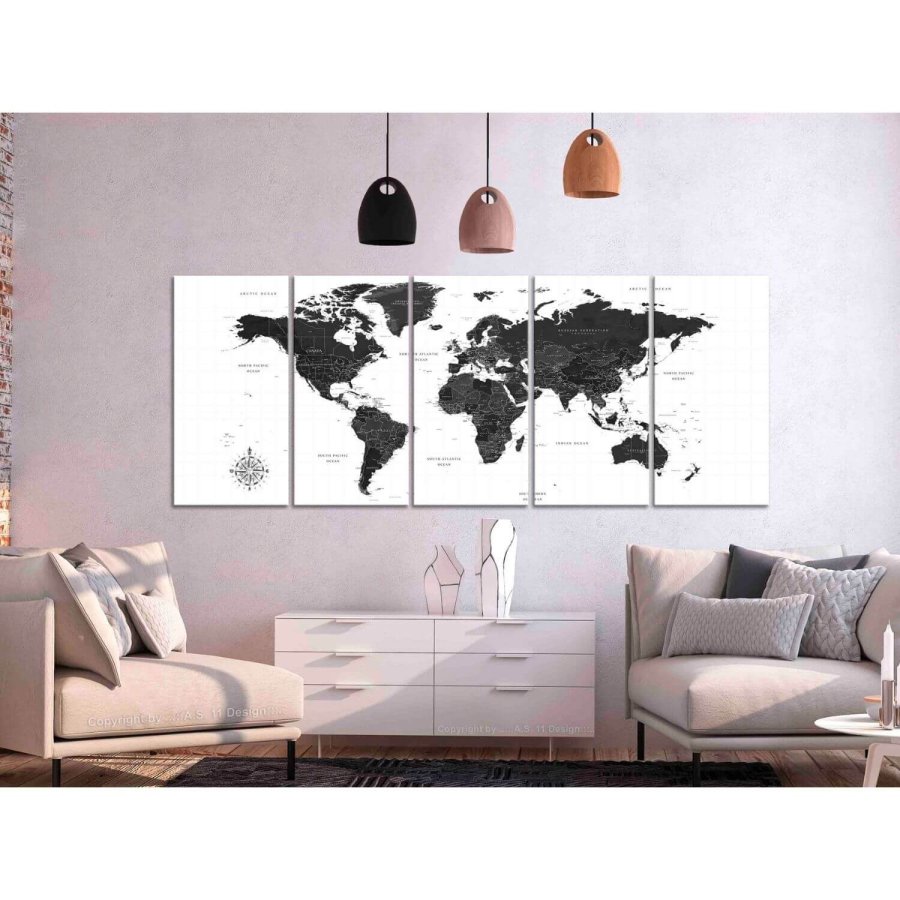 ARTGEIST stort verdenskort i sort og hvid - Black and White Map, 5-delt - flere st�rrelser