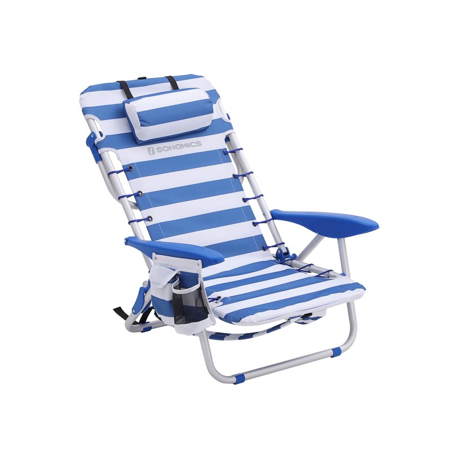 SONGMICS GCB62BU strandstol, m. justerbar rygl�n, arml�n, nakkest�tte, 2 sidelommer, foldbar, b�rbar - bl�/hvid stof og aluminium