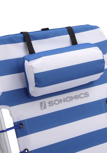 SONGMICS GCB62BU strandstol, m. justerbar rygl�n, arml�n, nakkest�tte, 2 sidelommer, foldbar, b�rbar - bl�/hvid stof og aluminium