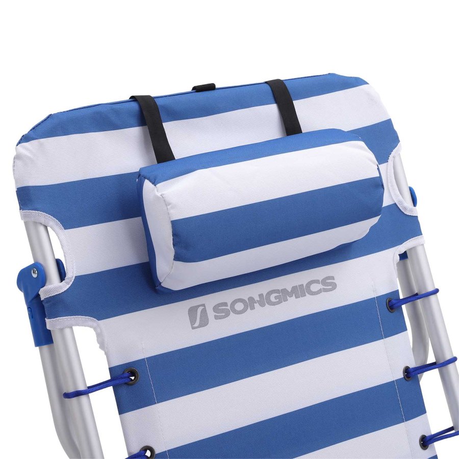 SONGMICS GCB62BU strandstol, m. justerbar rygl�n, arml�n, nakkest�tte, 2 sidelommer, foldbar, b�rbar - bl�/hvid stof og aluminium