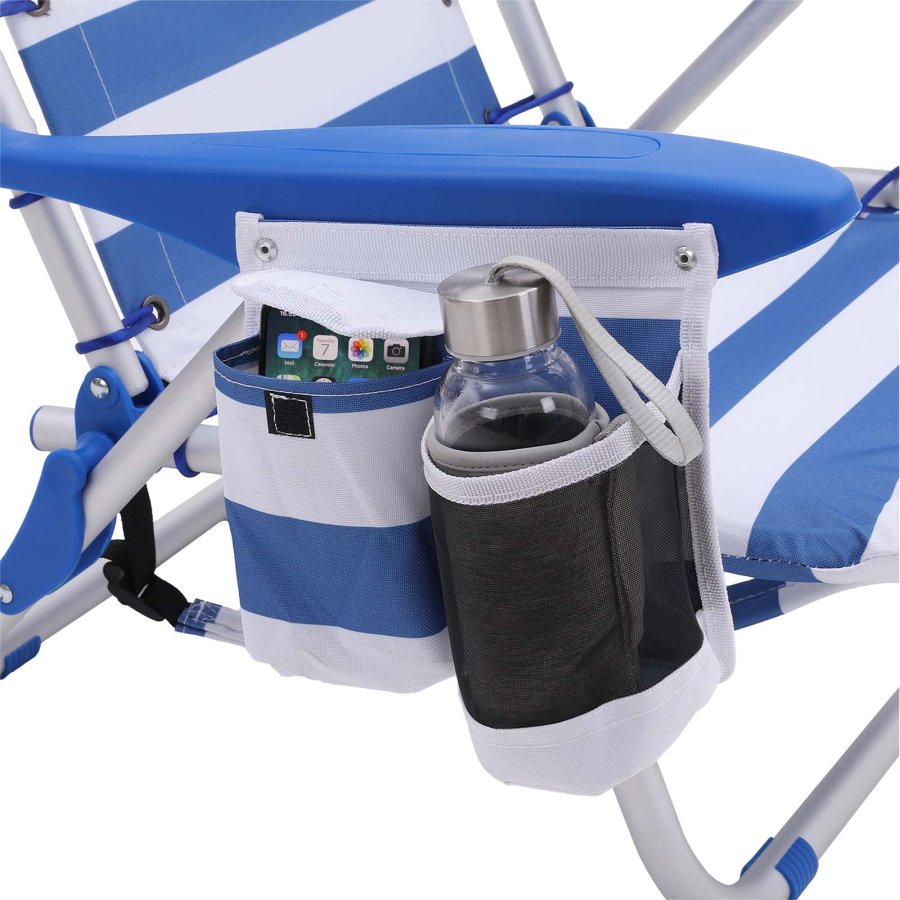 SONGMICS GCB62BU strandstol, m. justerbar rygl�n, arml�n, nakkest�tte, 2 sidelommer, foldbar, b�rbar - bl�/hvid stof og aluminium