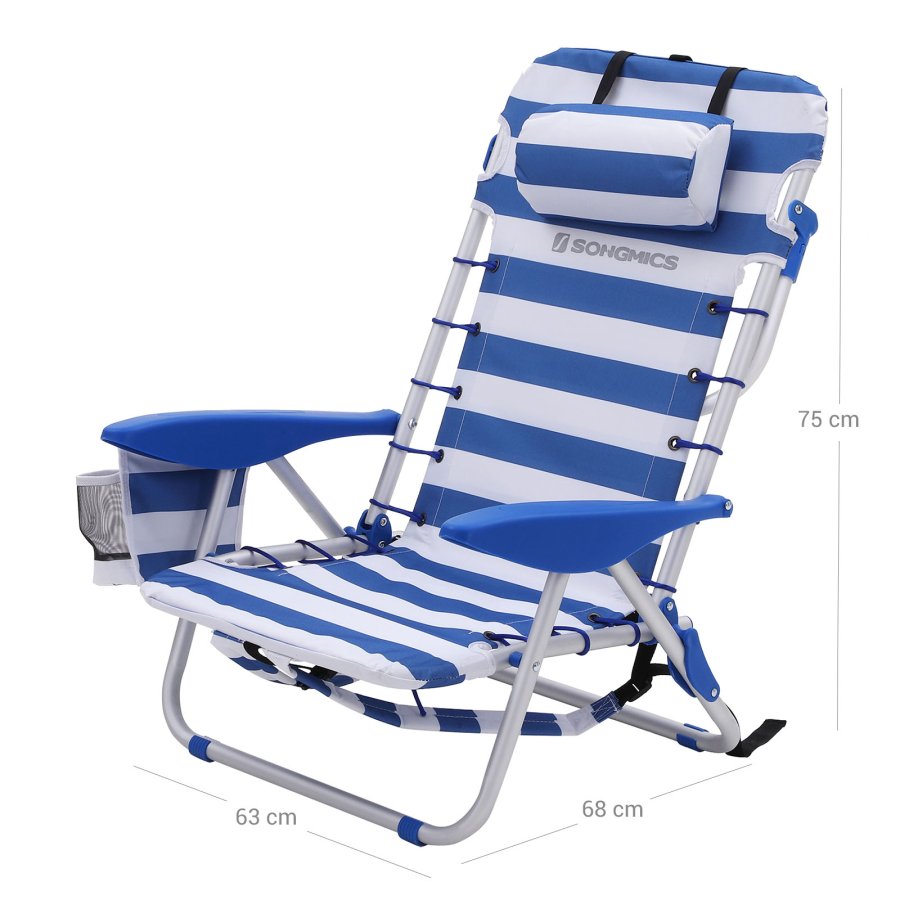 SONGMICS GCB62BU strandstol, m. justerbar rygl�n, arml�n, nakkest�tte, 2 sidelommer, foldbar, b�rbar - bl�/hvid stof og aluminium