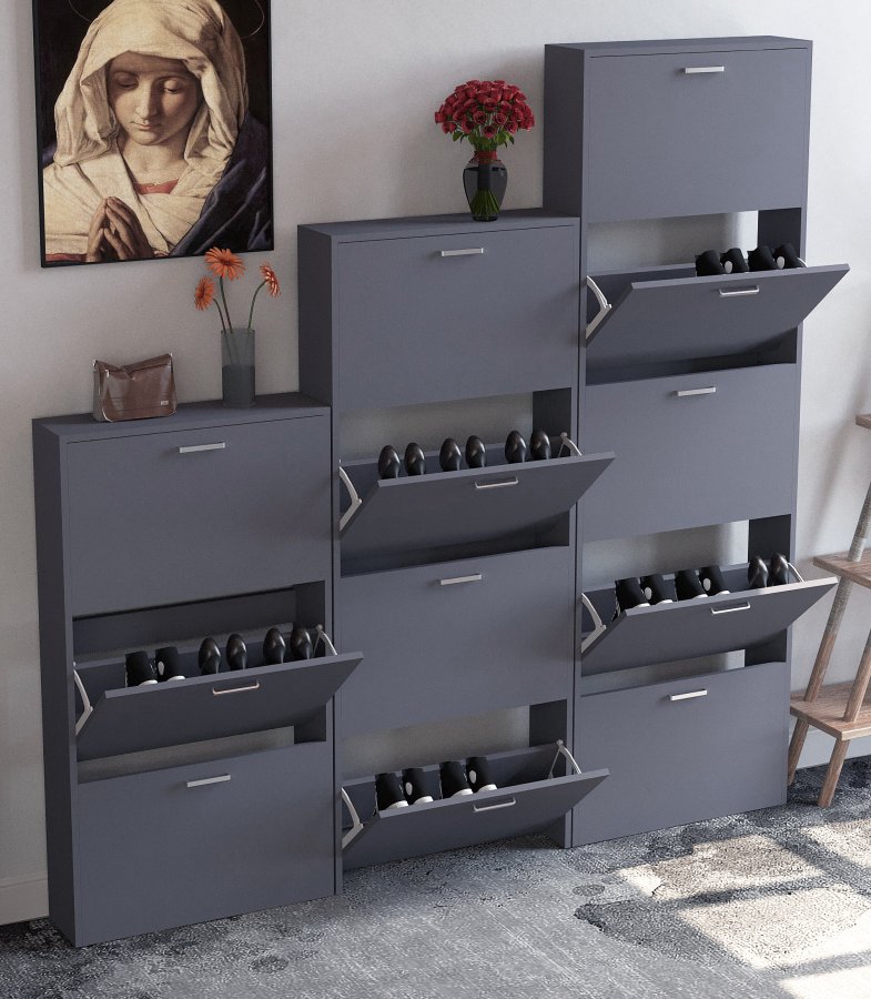 VCM NORDIC Sulos XL Schuhschrank, m. 5 Türen - Anthrazitgraues Holz