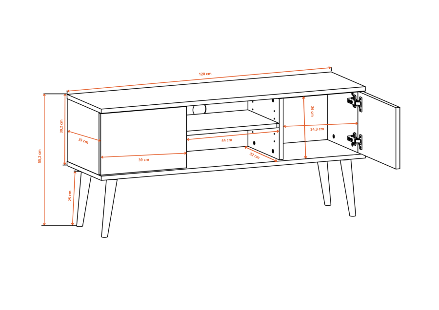 KOCOT RTV Toronto TV-bord, m. 2 drer og 1 hylle - naturlig bketre (120x35)