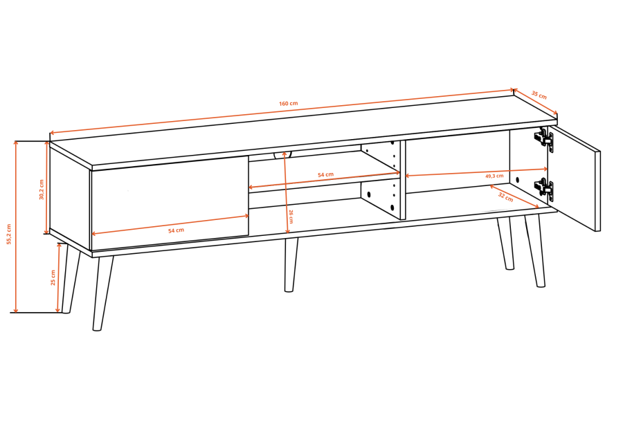 KOCOT RTV Toronto TV-bord, m. 2 drer og 1 hylle - svart bk (160x35)