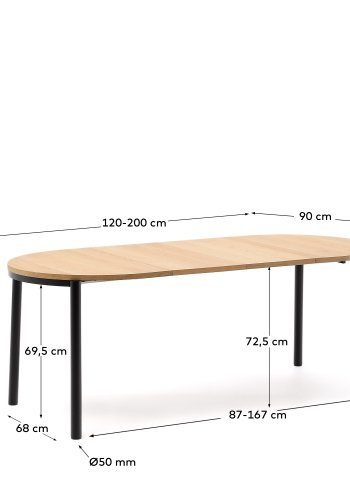  KAVE HOME Montuiri Esstisch, mit 2 Einlegeplatten – natürliches Eichenfurnier und schwarzer Stahl (120(200)