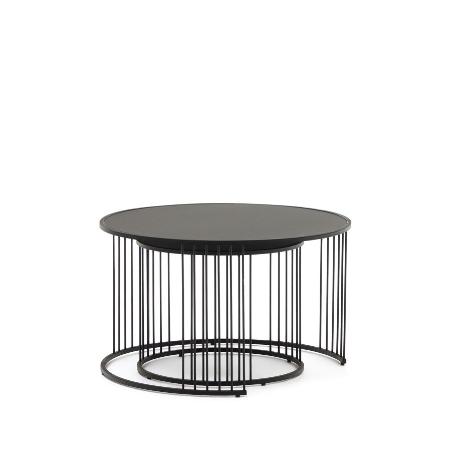 KAVE HOME Hadar sidebord, rundt - matt sort glass og metall (75/45) (sett med 2)