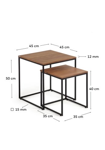 KAVE HOME Yoana sidebord, firkantet - brun valnttfinish og svart jern (sett med 2)