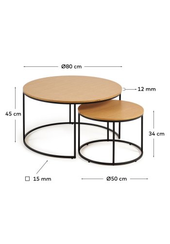 KAVE HOME Yoana sidebord, runde - naturlig eikefiner og svart jern (sett med 2)