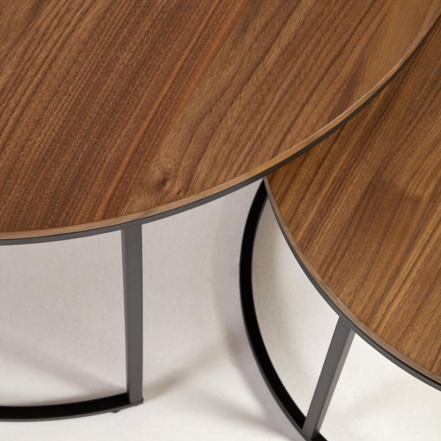 KAVE HOME Yoana sidebord, rund brun valntt finish og svart jern (sett med 2)