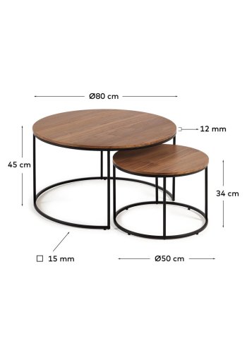 KAVE HOME Yoana sidebord, rund brun valntt finish og svart jern (sett med 2)