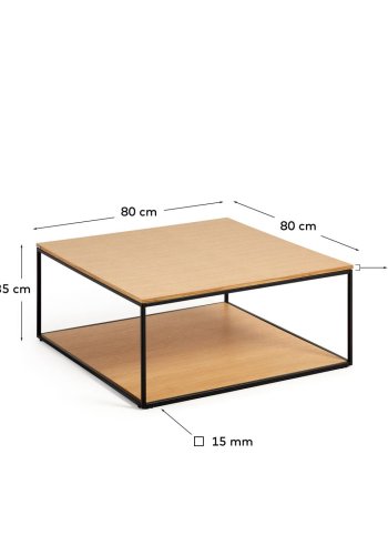 KAVE HOME Yoana sofabord, m. 1 nederste hylle - naturlig eikefiner og svart jern (80x80)