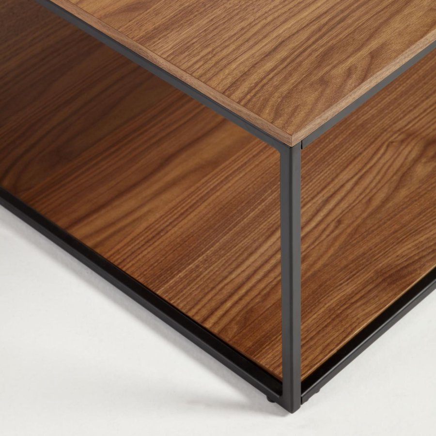 KAVE HOME Yoana sofabord, m. 1 nederste hylle - brun valnttfinish og svart jern (80x80)