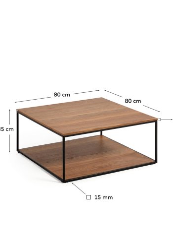 KAVE HOME Yoana sofabord, m. 1 nederste hylle - brun valnttfinish og svart jern (80x80)