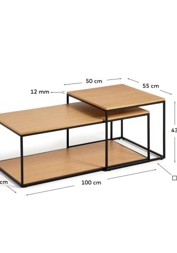 KAVE HOME Yoana sofabord, m. 1 nederste hylle - naturlig eikefiner og svart jern (sett med 2)