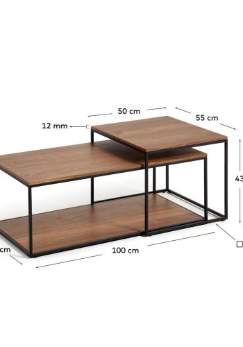 KAVE HOME Yoana sofabord, m. 1 nederste hylle - brun valnttfinish og svart jern (sett med 2)