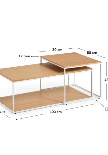 KAVE HOME Yoana sofabord, m. 1 nederste hylle - naturlig eikefiner og hvitt jern (sett med 2)