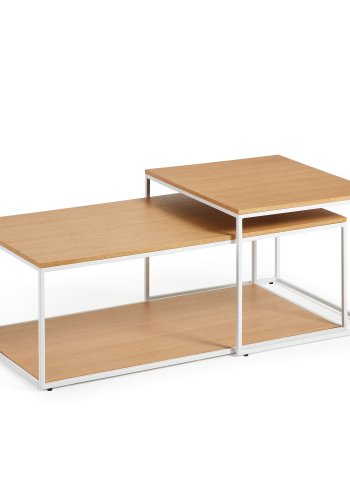 KAVE HOME Yoana sofabord, m. 1 nederste hylle - naturlig eikefiner og hvitt jern (sett med 2)
