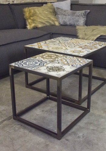 SPINDER DESIGN kvadratisk Ibiza Blacksmith hjrnebord - multifarvet keramik og stl (40x40) 