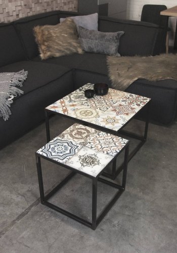 SPINDER DESIGN kvadratisk Ibiza Blacksmith hjrnebord - multifarvet keramik og stl (40x40) 